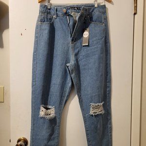 boohoo blue high waist distress mom jeans